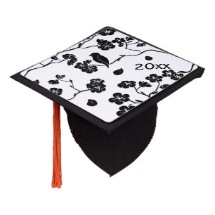 Black and White Pattern Bird Cherry Blossoms Year Graduation Cap Topper