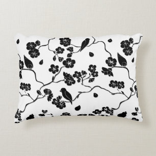 Black and White Pattern Birds on Cherry Blossoms   Accent Pillow