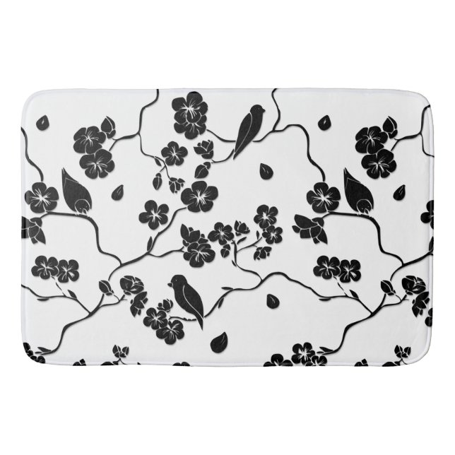 Black and White Pattern Birds on Cherry Blossoms Bath Mat (Front)