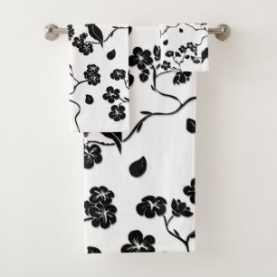 Black and White Pattern Birds on Cherry Blossoms Bath Towel Set