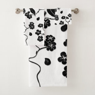 Black and White Pattern Birds on Cherry Blossoms   Bath Towel Set