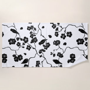 Black and White Pattern Birds on Cherry Blossoms Beach Towel