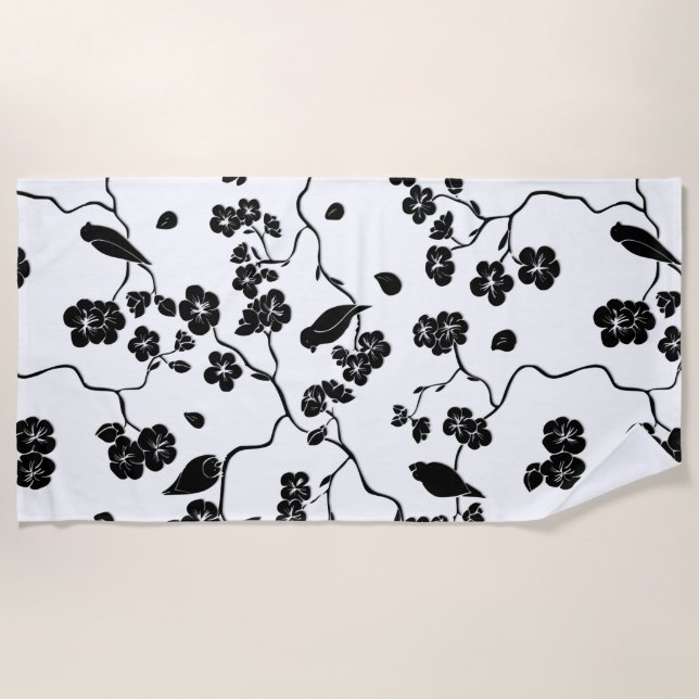 Black and White Pattern Birds on Cherry Blossoms Beach Towel (Front)