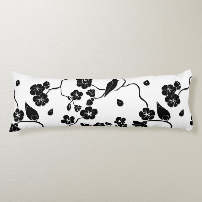 Black and White Pattern Birds on Cherry Blossoms Body Pillow (Front)