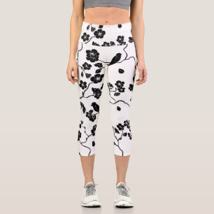 Black and White Pattern Birds on Cherry Blossoms   Capri Leggings