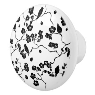Black and White Pattern Birds on Cherry Blossoms Ceramic Knob