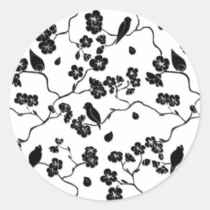 Black and White Pattern Birds on Cherry Blossoms   Classic Round Sticker