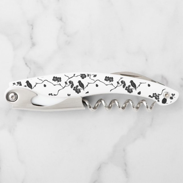 Black and White Pattern Birds on Cherry Blossoms Corkscrew (Front)