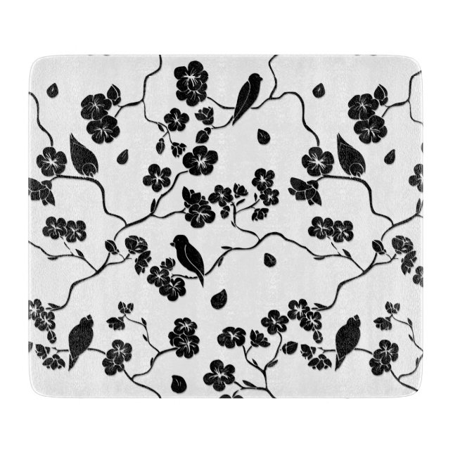 Black and White Pattern Birds on Cherry Blossoms Cutting Board (Front)