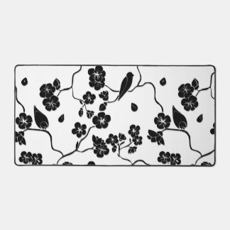 Black and White Pattern Birds on Cherry Blossoms   Desk Mat