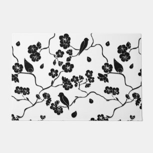 Black and White Pattern Birds on Cherry Blossoms   Doormat