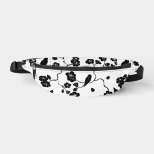 Black and White Pattern Birds on Cherry Blossoms   Fanny Pack