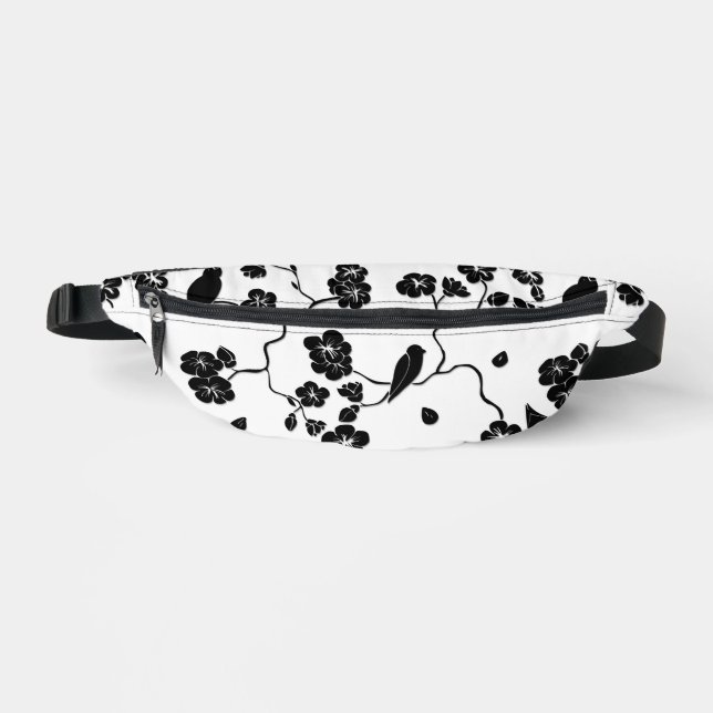 Black and White Pattern Birds on Cherry Blossoms   Fanny Pack (Front)