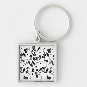 Black and White Pattern Birds on Cherry Blossoms   Keychain