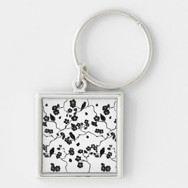 Black and White Pattern Birds on Cherry Blossoms   Keychain (Front)