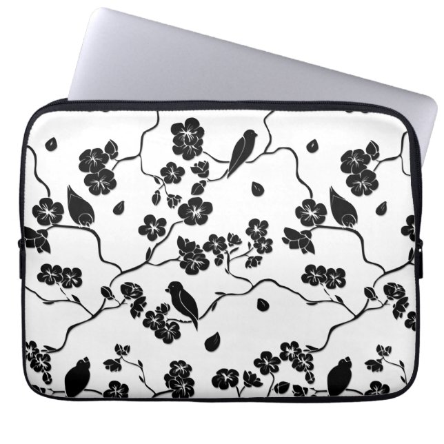 Black and White Pattern Birds on Cherry Blossoms   Laptop Sleeve (Front)