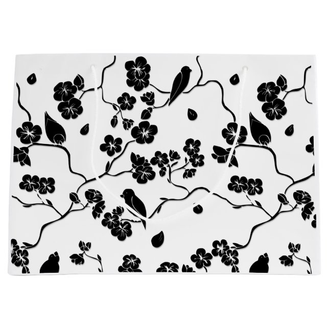 Black and White Pattern Birds on Cherry Blossoms Large Gift Bag (Front)