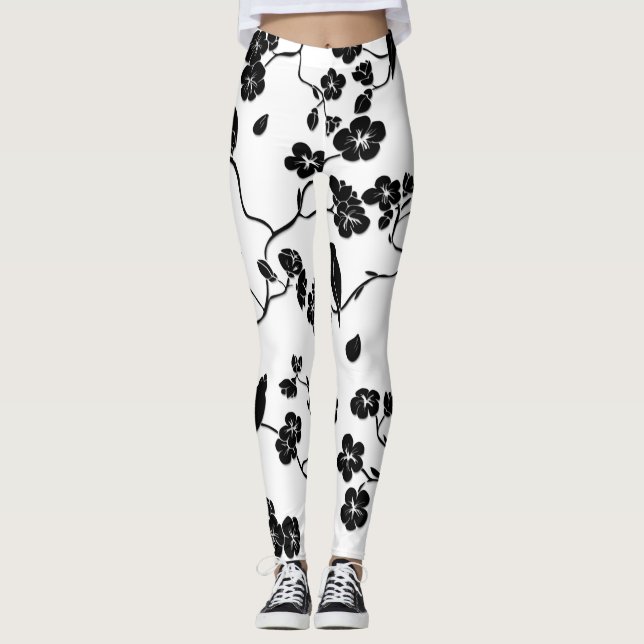 Black and White Pattern Birds on Cherry Blossoms Leggings (Front)