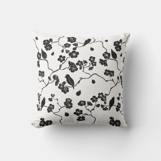 Black and White Pattern Birds on Cherry Blossoms Outdoor Pillow (Front)
