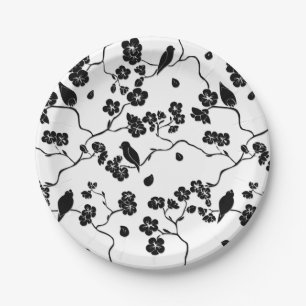 Black and White Pattern Birds on Cherry Blossoms Paper Plate