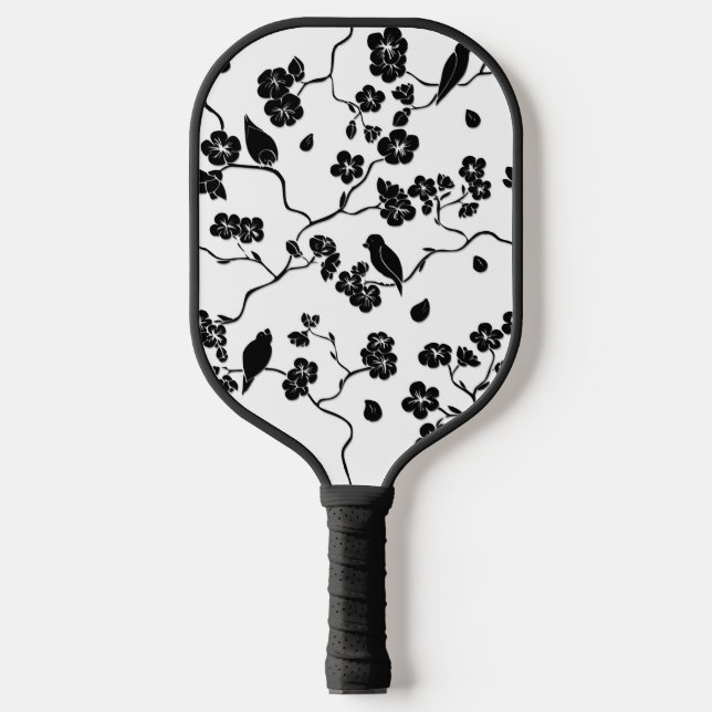 Black and White Pattern Birds on Cherry Blossoms   Pickleball Paddle (Front)