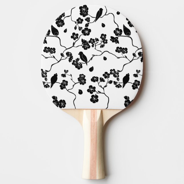 Black and White Pattern Birds on Cherry Blossoms Ping Pong Paddle (Front)