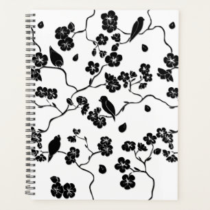 Black and White Pattern Birds on Cherry Blossoms   Planner