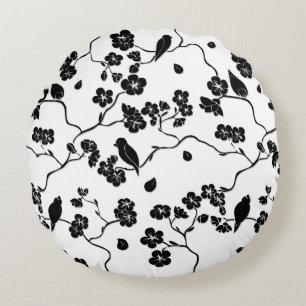 Black and White Pattern Birds on Cherry Blossoms Round Pillow