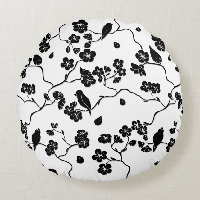 Black and White Pattern Birds on Cherry Blossoms Round Pillow (Front)