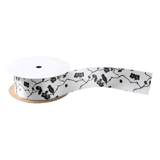 Black and White Pattern Birds on Cherry Blossoms Satin Ribbon (Spool)