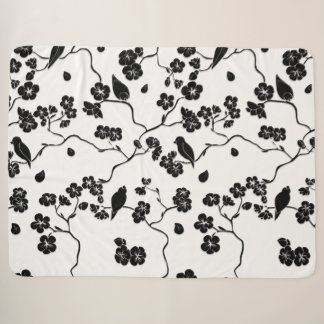 Black and White Pattern Birds on Cherry Blossoms Sherpa Blanket
