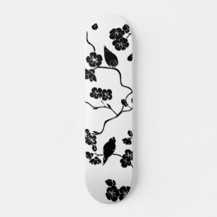 Black and White Pattern Birds on Cherry Blossoms   Skateboard