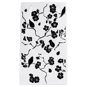 Black and White Pattern Birds on Cherry Blossoms Small Gift Bag