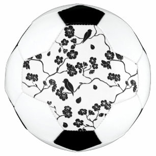 Black and White Pattern Birds on Cherry Blossoms Soccer Ball