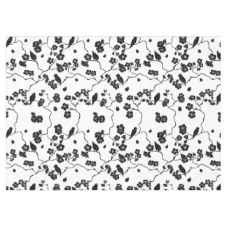 Black and White Pattern Birds on Cherry Blossoms Tablecloth