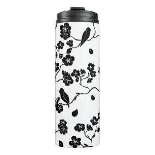 Black and White Pattern Birds on Cherry Blossoms Thermal Tumbler