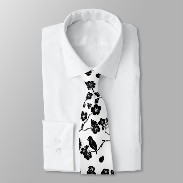 Black and White Pattern Birds on Cherry Blossoms Tie (Tied)
