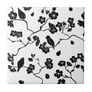 Black and White Pattern Birds on Cherry Blossoms Tile