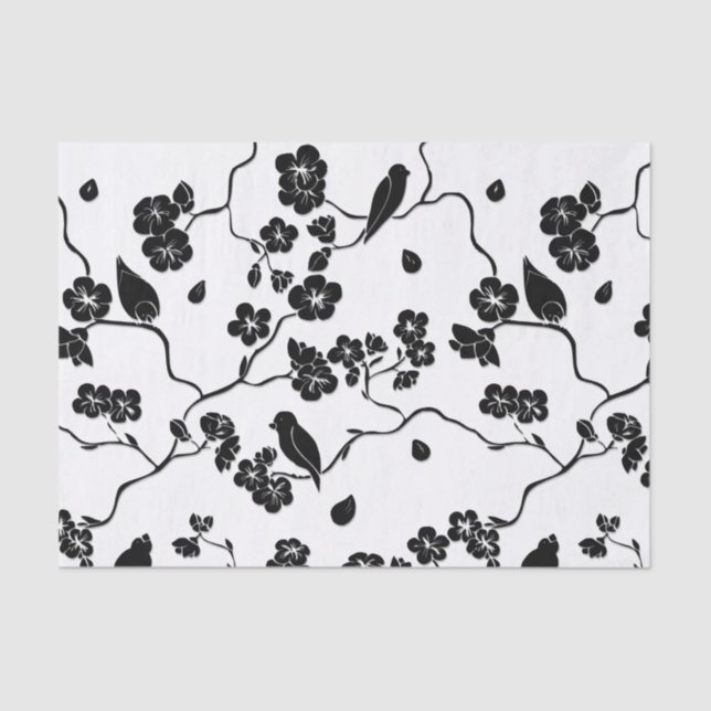 Black and White Pattern Birds on Cherry Blossoms Tissue Paper (Front)