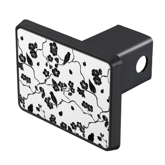 Black and White Pattern Birds on Cherry Blossoms   Trailer Hitch Cover (Top Right)