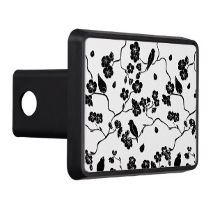 Black and White Pattern Birds on Cherry Blossoms Trailer Hitch Cover