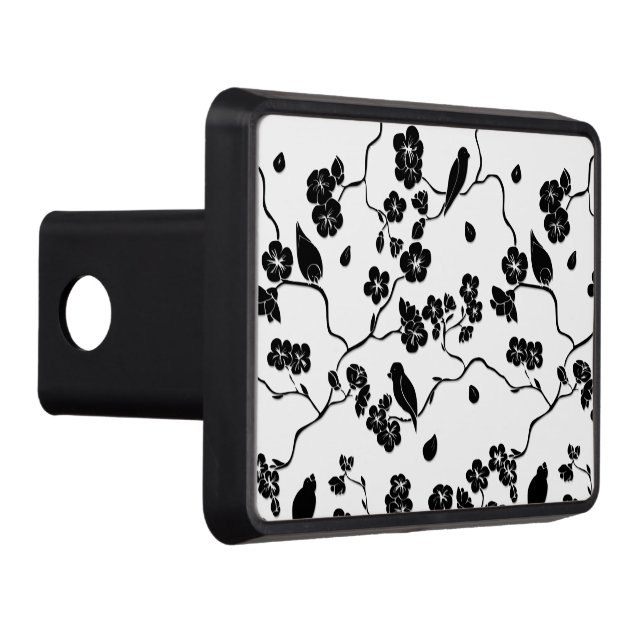 Black and White Pattern Birds on Cherry Blossoms Trailer Hitch Cover (Right)
