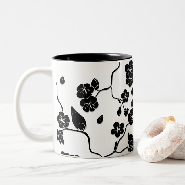 Black and White Pattern Birds on Cherry Blossoms Two-Tone Coffee Mug (With Donut)