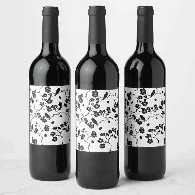 Black and White Pattern Birds on Cherry Blossoms Wine Label (Bottles)