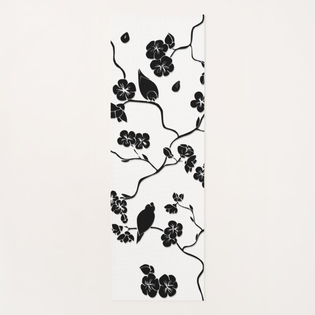 Black and White Pattern Birds on Cherry Blossoms   Yoga Mat (Front)