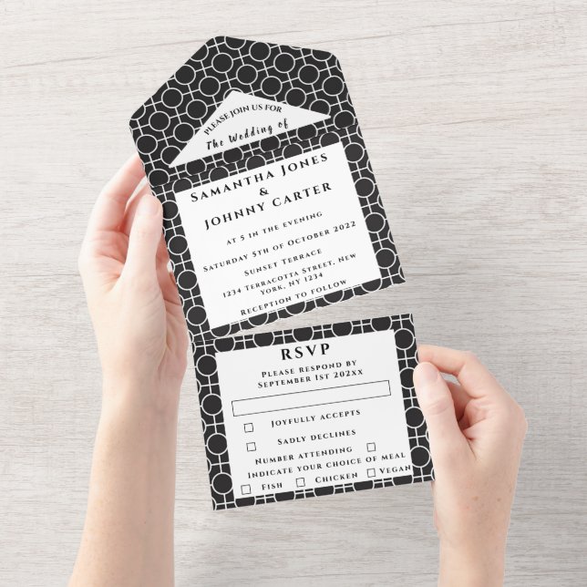 Black and White Pattern Chic Elegant Wedding All In One Invitation (Tearaway)