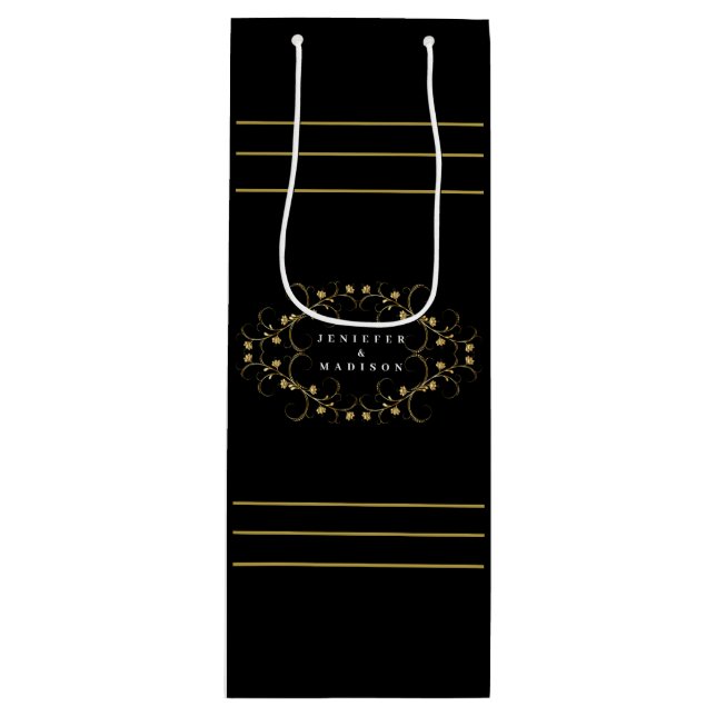 Black and White Pattern Gold Name Logo Wine Gift Bag (Front)