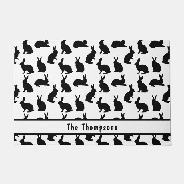 Black And White Pattern Of Bunnies With A Name Doormat (Front)