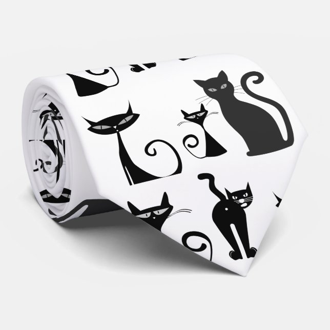 Black  and White Pattern with Funny Looking Cats Tie (Rolled)