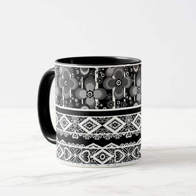 Black and white pattern with lace and patchwork mug (Front Left)